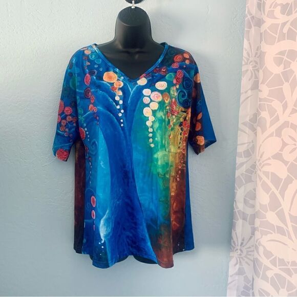 Unbranded multicolored Abstract Print V-Neck Short Sleeve T-shirt Size Small - Picture 1 of 9